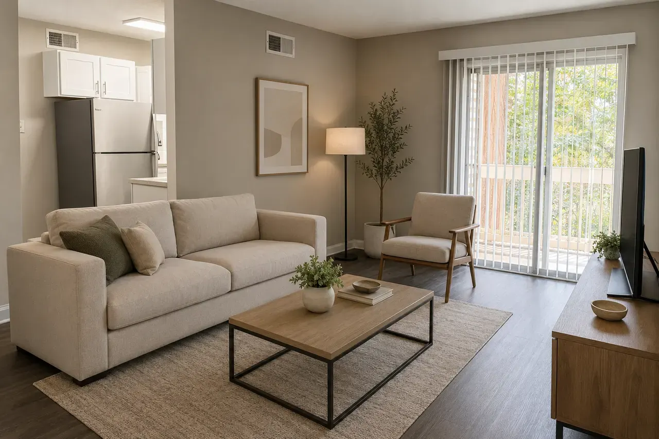 One-bedroom living room with a sliding door to the patio