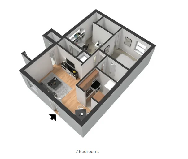 Two-bedroom, one-bath floor plan